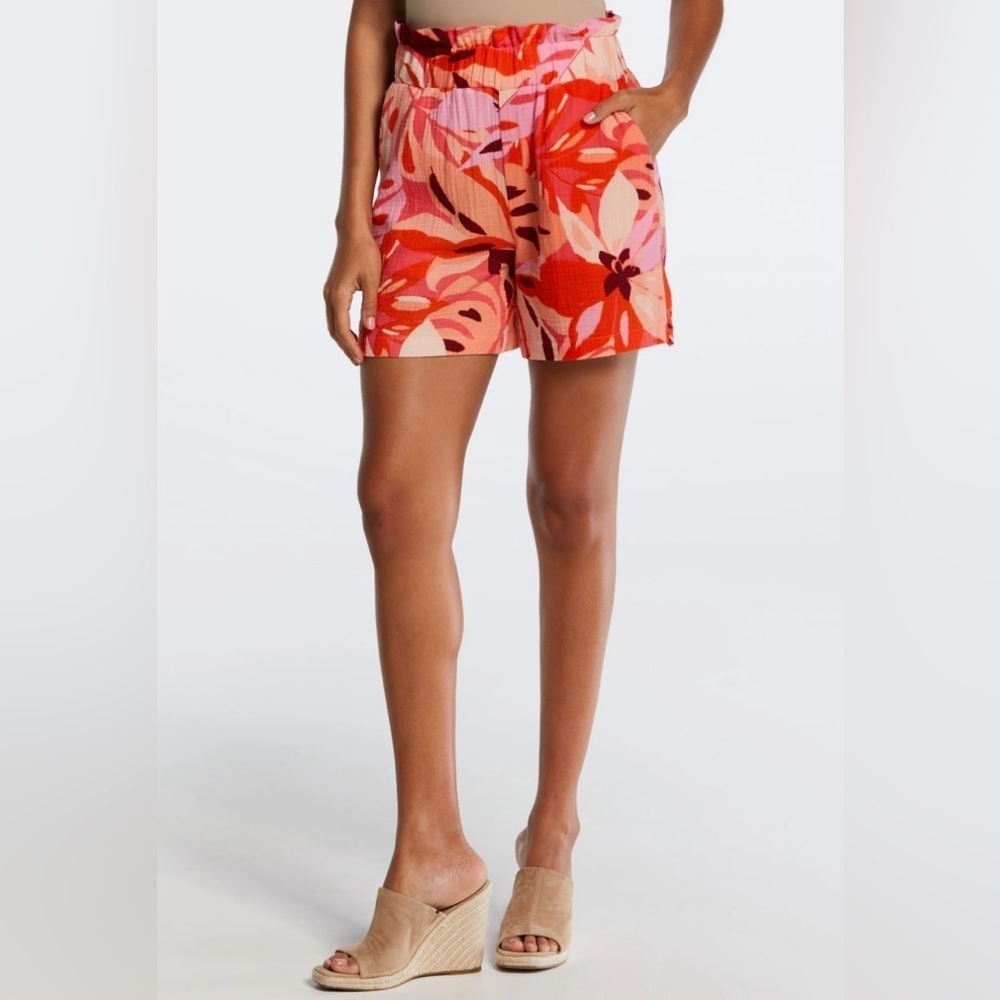 Rafaella 100% Cotton High Waist Pink and Orange Floral Shorts Paper Bag Waist